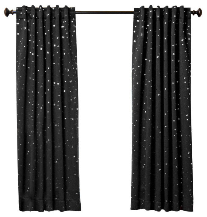 Star Print Thermal Insulated Blackout Curtains, Pair, Black, 63"