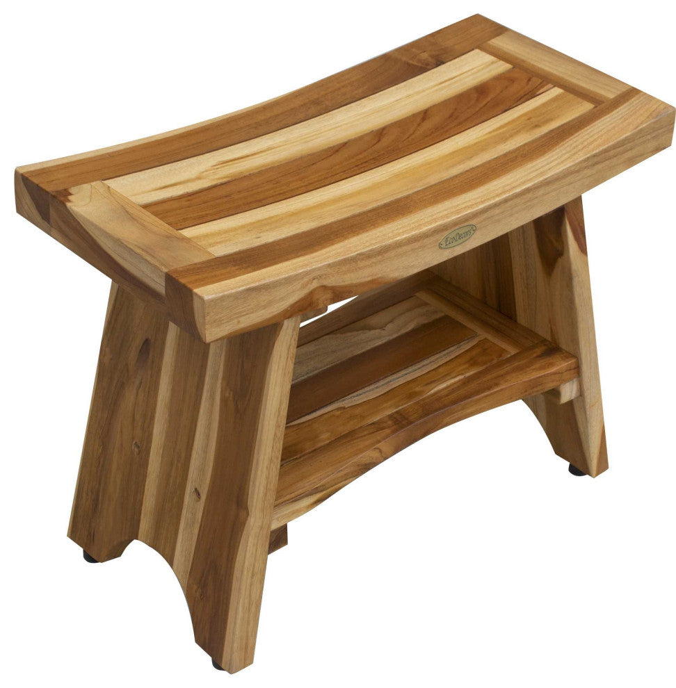 HomeRoots Contemporary Teak Shower Bench With Shelf, Natural Finish