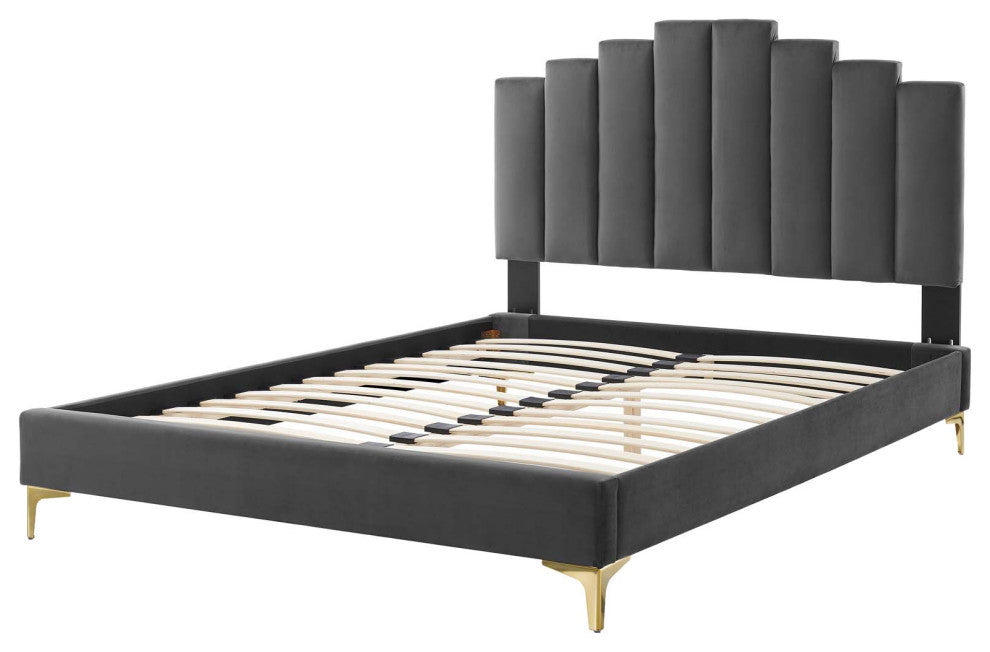 Platform Bed Frame, Full Size, Velvet, Dark Gray, Modern Contemporary
