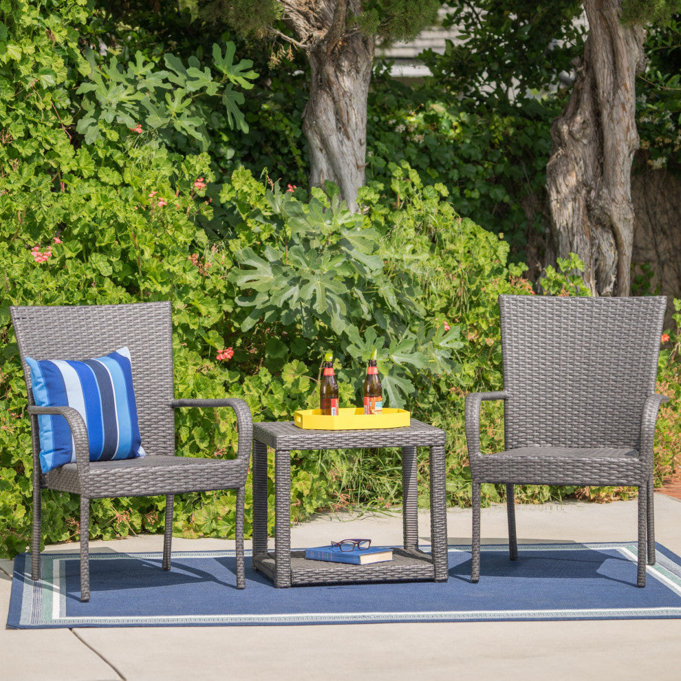 GDF Studio 3-Piece Parham Outdoor Gray Wicker Stacking Chair Chat Set, Box Table