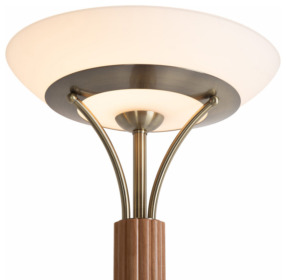 Tambo Torchiere Floor Lamp - Dark Walnut Wood Finish, Weathered Brass, Dimmer, Natural Ash Wood Finish, Weathered Brass