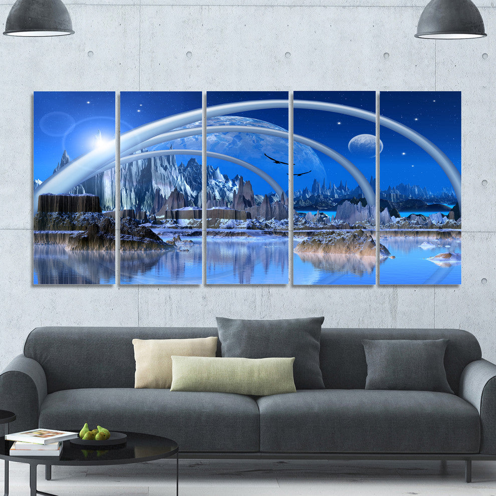 Blue Fantasy Landscape, Landscape Canvas Art Print, 60"x28", 5 Panels