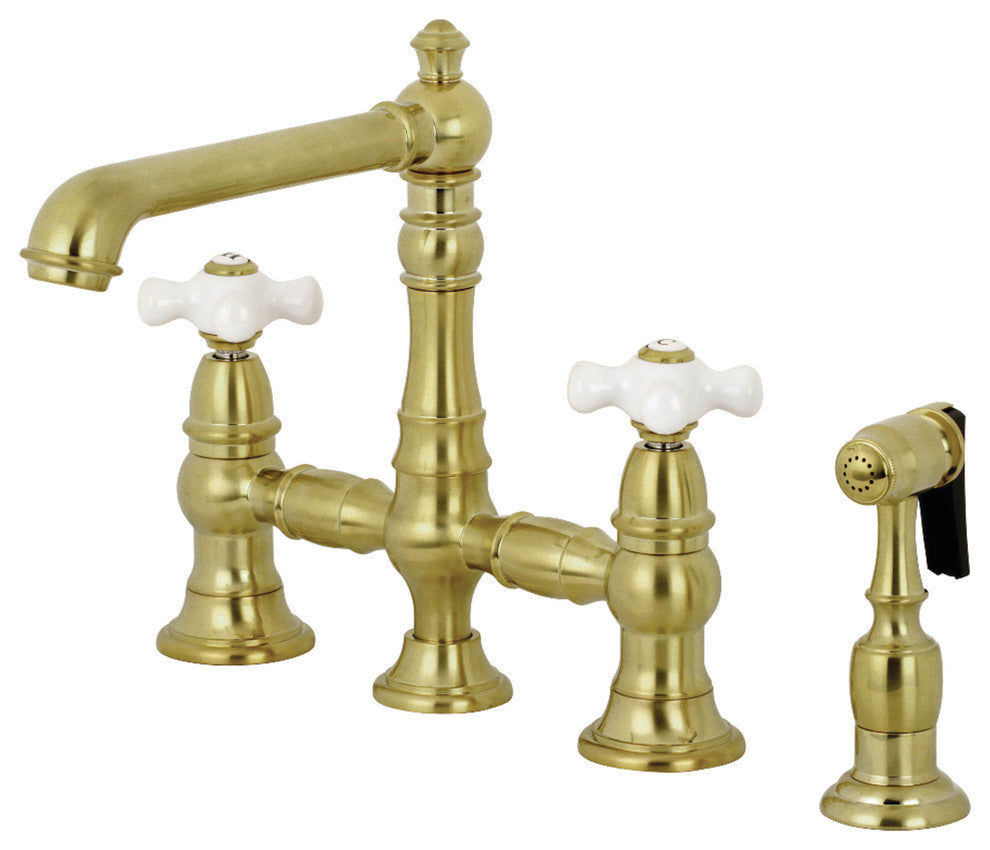 Kingston Brass Bridge Kitchen Faucet With Sprayer, Brushed Brass