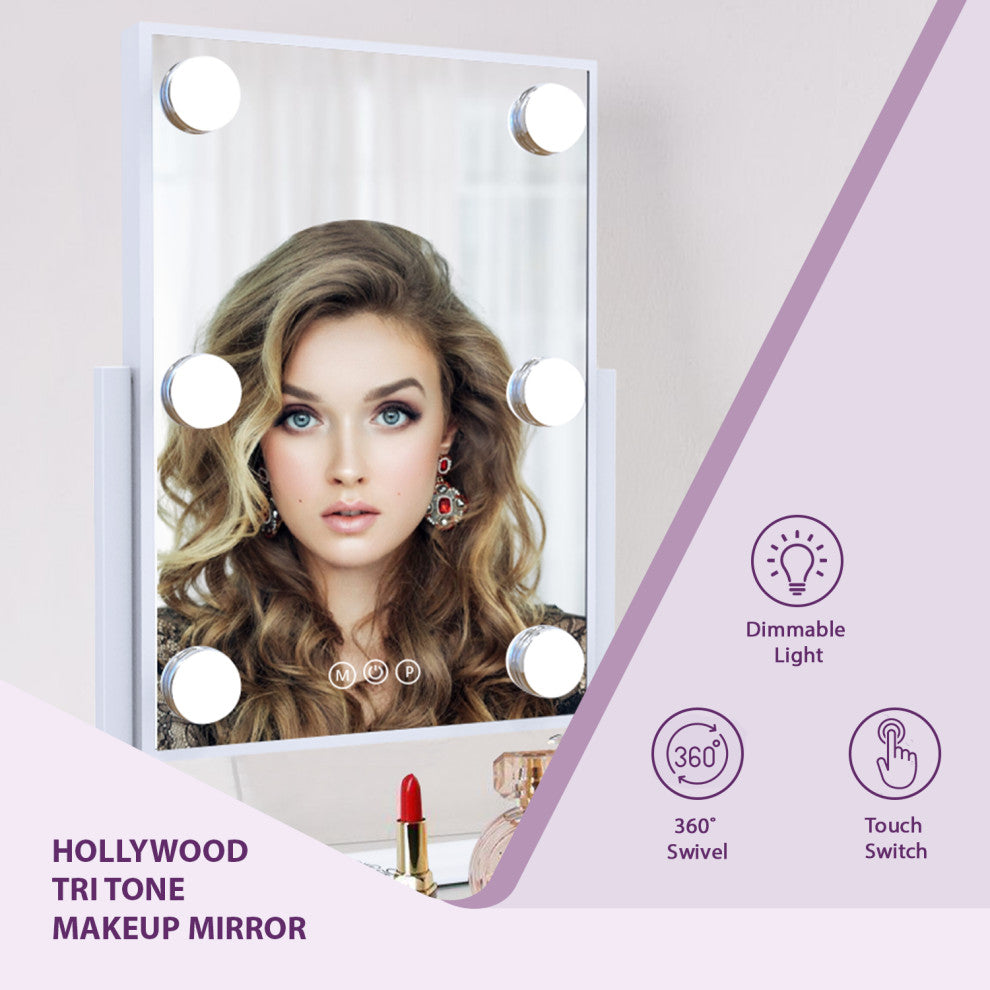 Hollywood Tri Tone LED Makeup Mirror with 360 Degree Swivel, Black