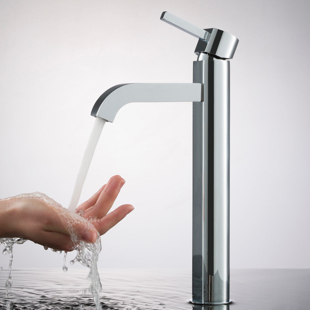Elavo Round Ceramic Vessel Sink, Bathroom Ramus Faucet, PU Drain, Chrome