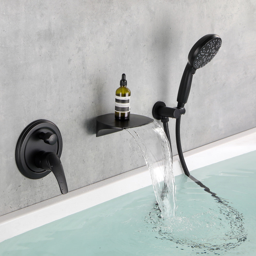 Single Handle Wall Mounted Waterfall Faucet With Handshower, Matte Black