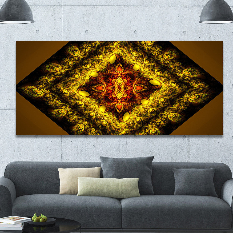 Cabalistic Yellow Fractal Design, Oversized Abstract Canvas Art Print, 60x28