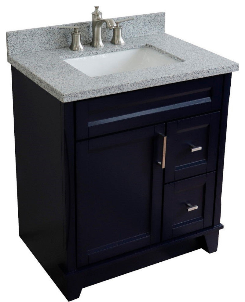 31" Single Sink Vanity, Blue Finish With Gray Granite With Rectangle Sink