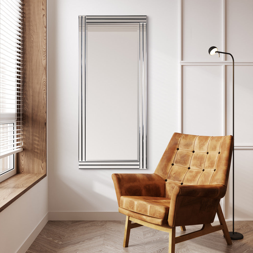 Stepped Beveled Rectangle Wall Mirror, Solid Wood Frame, 1" Center Mirror, 24" X 54"