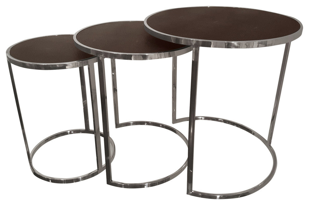 Bronze on Black Metallic Shagreen Leather Set of 3 Nesting Console Tables