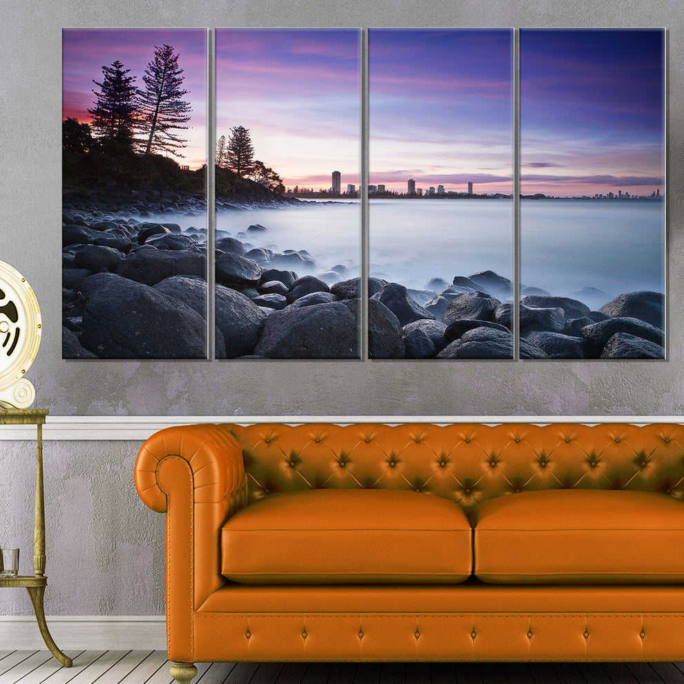 "Rocky Burleigh Point in Blue" Seascape Art Canvas, 4 Panels, 48"x28"