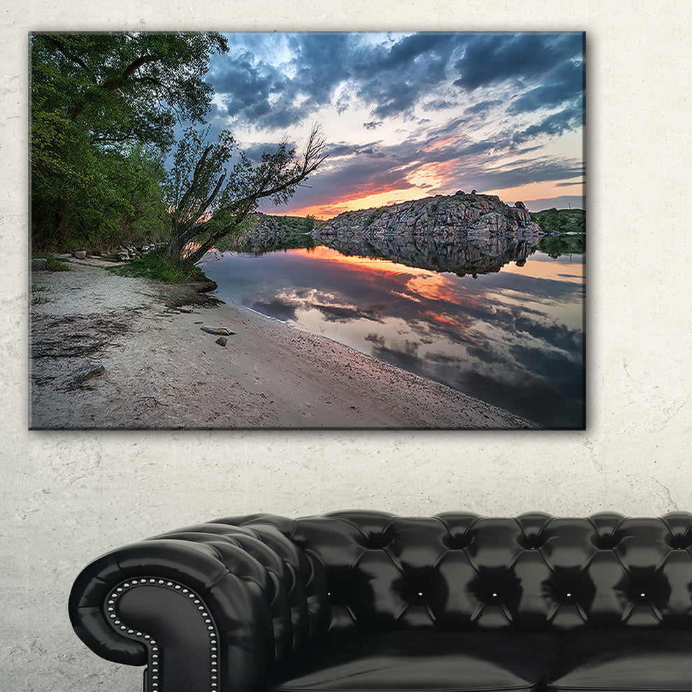 "Sunset at River With Large Rock" Landscape Photo Wall Art, 1 Panel, 60"x28"