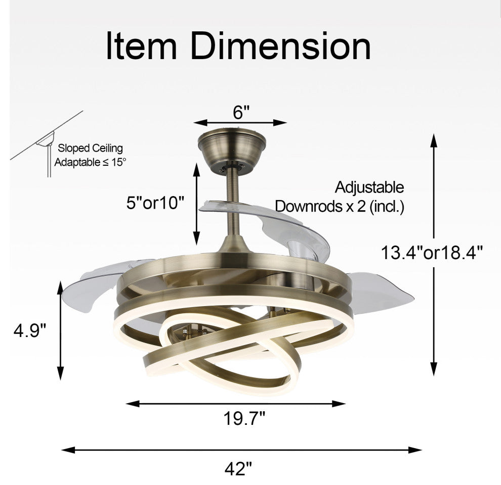 45W Modern Retractable Ceiling Fan Reversible 6-Speed with Remote Control, Bronze, 42
