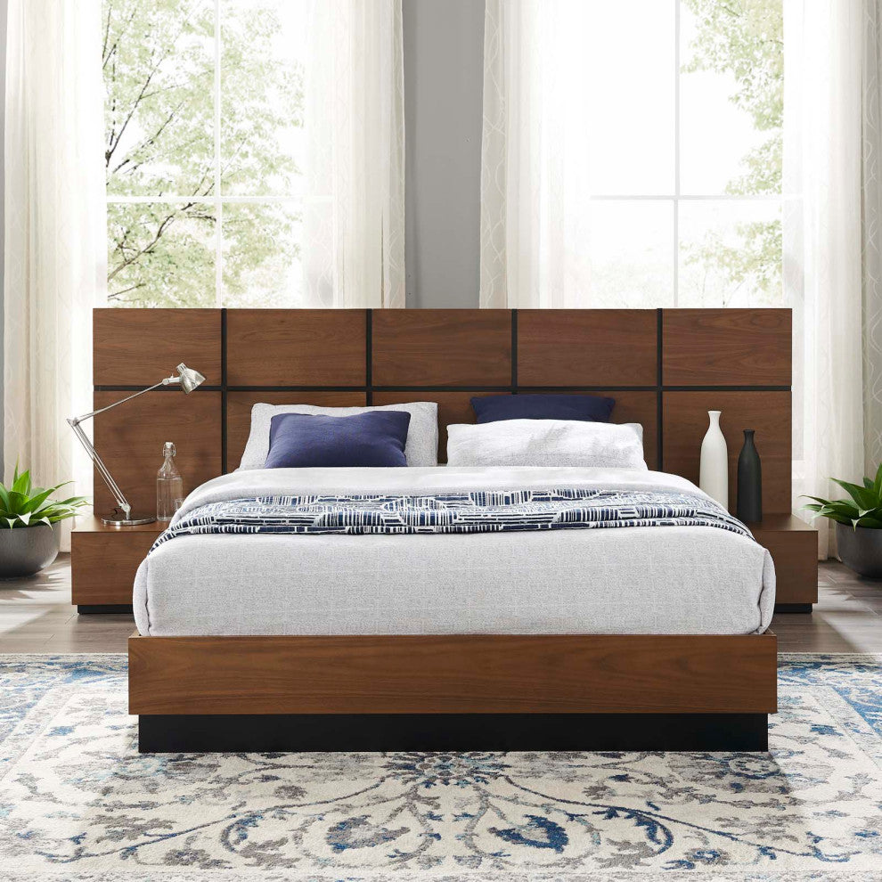 Queen Bed Nightstand Set, Queen Size, Wood, Brown Walnut, Modern Farmhouse
