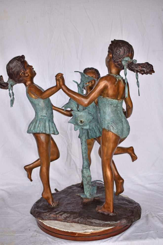 Three Girls Dancing Around Water Fountain Bronze Statue - Size: 35" x 24" x 38