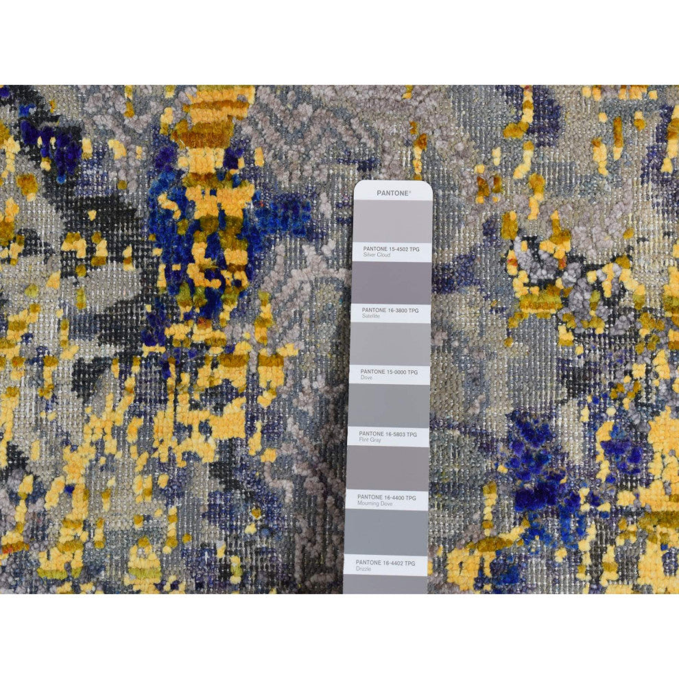 Laguna Yellow, Modern Design, Silk With Wool, Hand Knotted Rug, 8'10"x12'5"