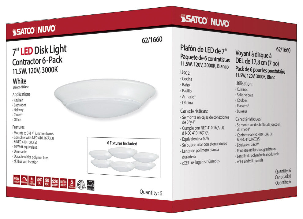 7 inch - LED Disk Light - 3000K - 6 Unit Contractor Pack - White Finish