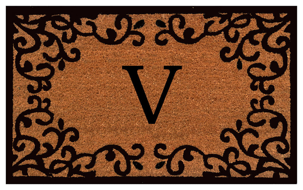 Chateaux Monogram Doormat, 18"x30", Natural, Black, Letter V