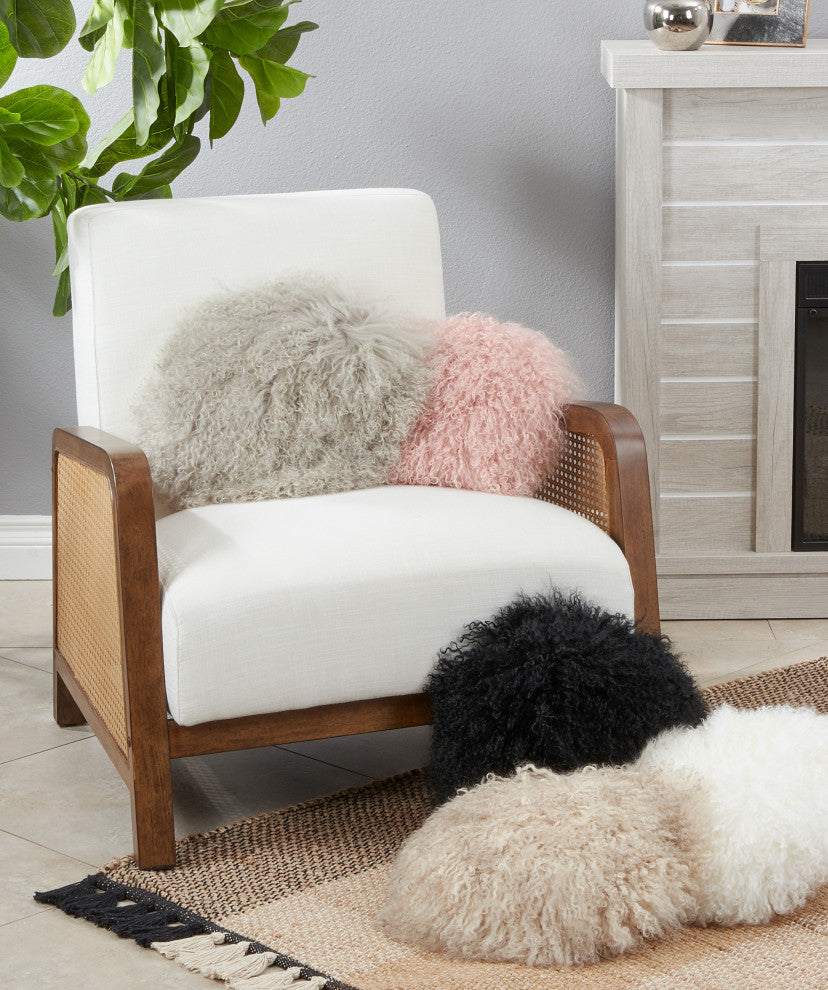 Mongolian Lamb Fur Poly Filled Throw Pillow, Oyster, 13"x13"