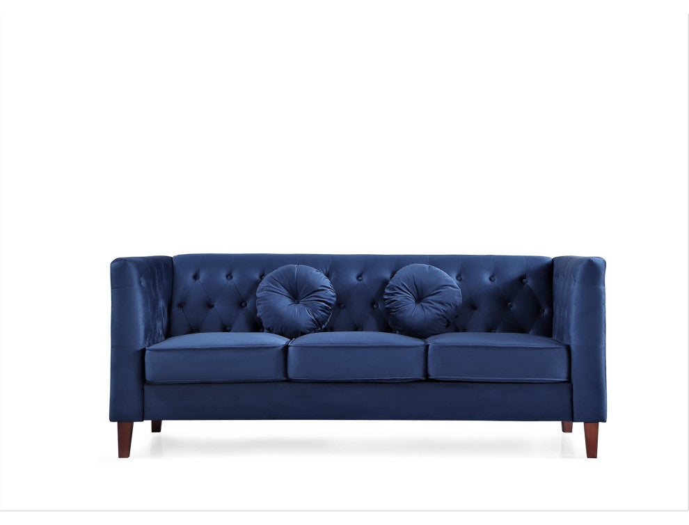 Elegant Sofa, Chesterfield Inspired, Velvet Seat & Button Tufted Back, Dark Blue
