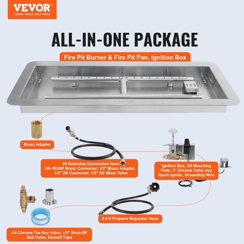 VEVOR 30x10 inch Drop-in Fire Pit Pan Fire Pit H-shape Burner Kit 125,000 BTU