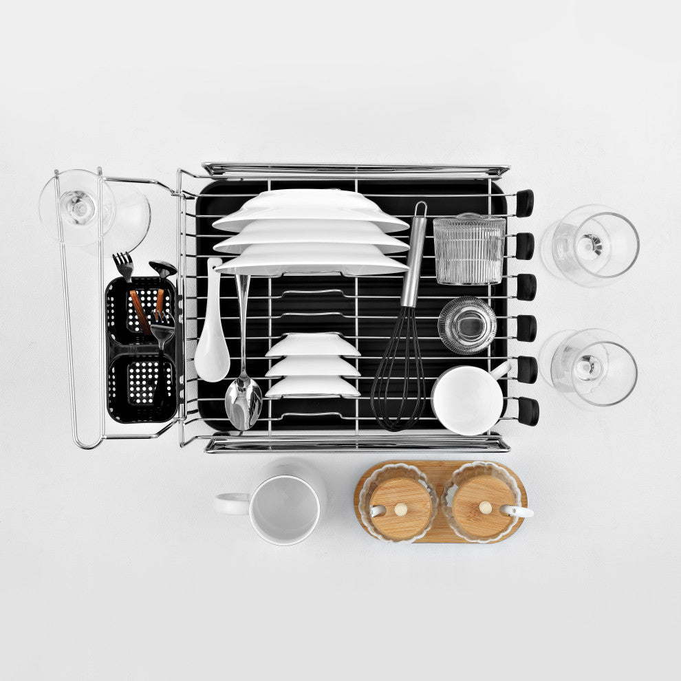 Compact 17.25" Stainless Steel Dish Rack With Wine Glass Holder, Steel/Black