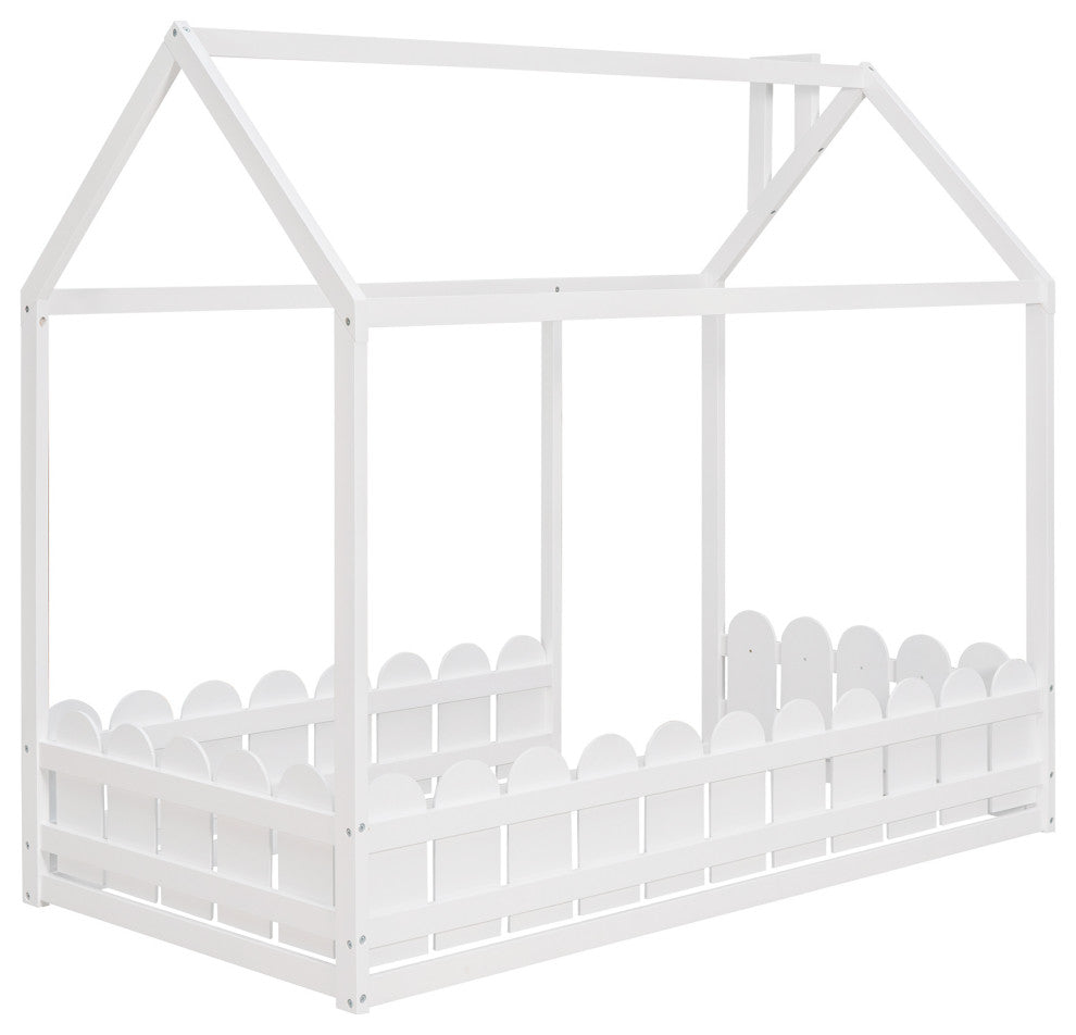 Gewnee Twin Size Wood Bed House Bed Frame with Fence, for Kids, In White