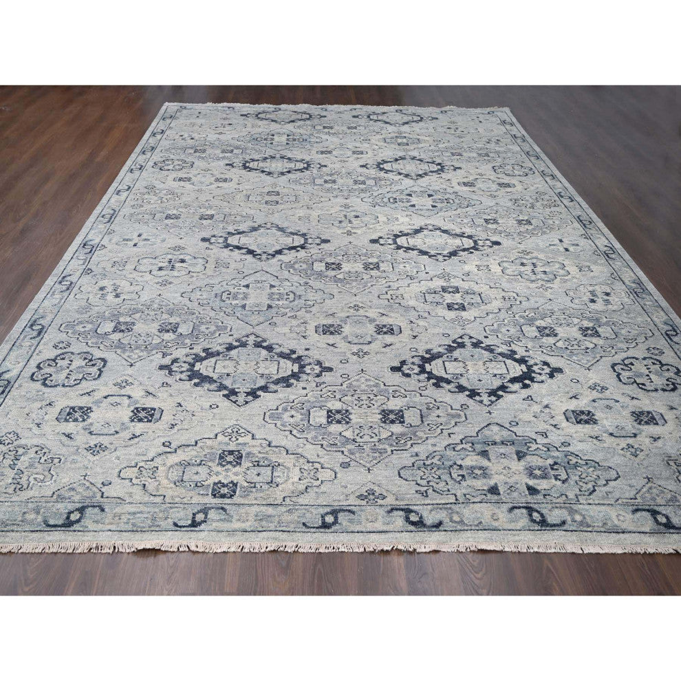 Silver Gray Hand Knotted Anatolian Design Organic Wool Oversized Rug, 12'x17'9"