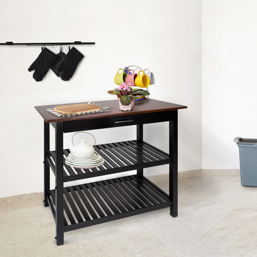 Kitchen Island With Solid Wood Top, Black