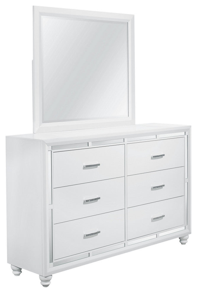 HomeRoots White Dresser With Mirror Trim Accent 6 Drawers