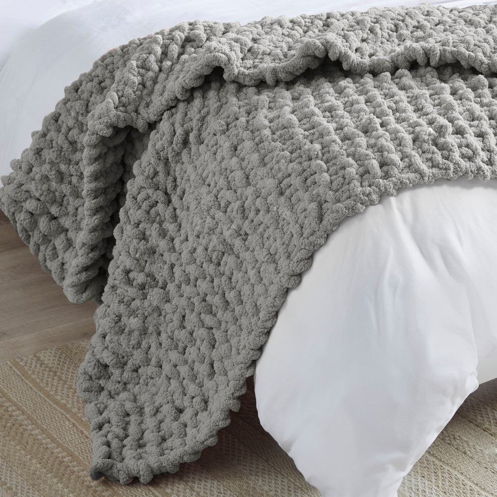 Madison Park Handmade Chenille Chunky Knit 50"x60" Throw, Gray