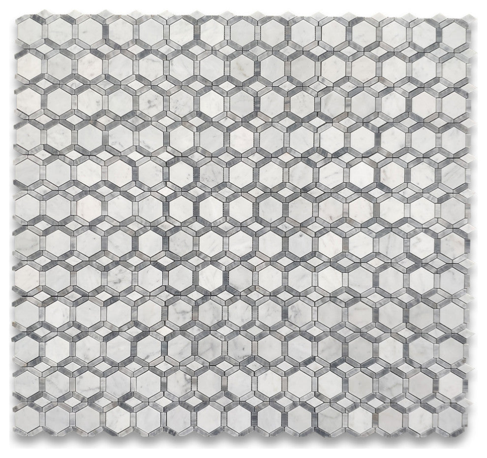 Carrara White Bardiglio Gray Marble Hollywood Hexagon Tile Honed, 1 sheet