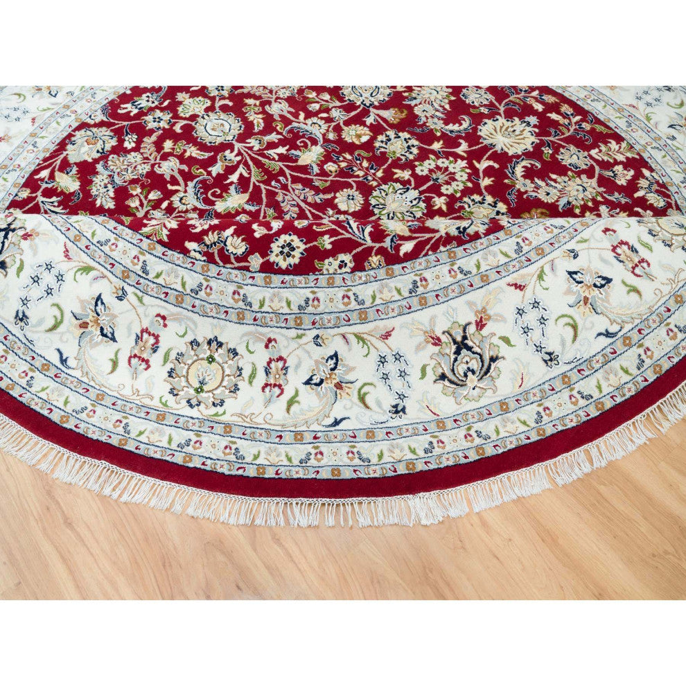 Burgundy Red Soft Wool Hand Knotted Nain Design 250 KPSI Round Rug 9'8"x9'8"