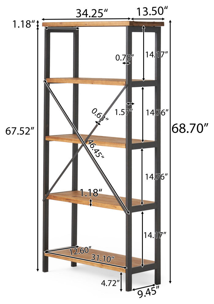 Warner 4 Shelf Firwood Display Bookcase, Antique Brown and Brushed Black Rust