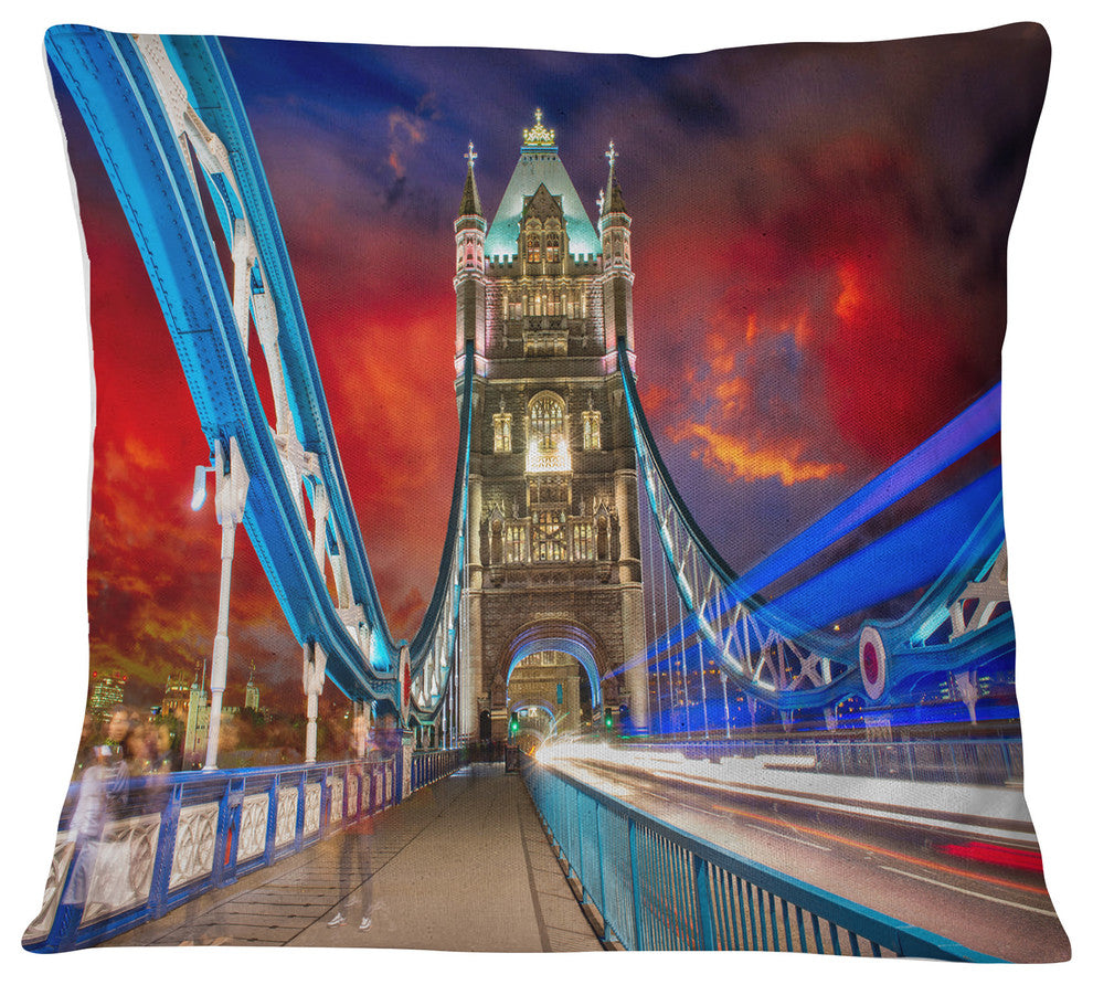 Storm Over Tower Bridge at Night Cityscape Photo Throw Pillow, 18"x18"