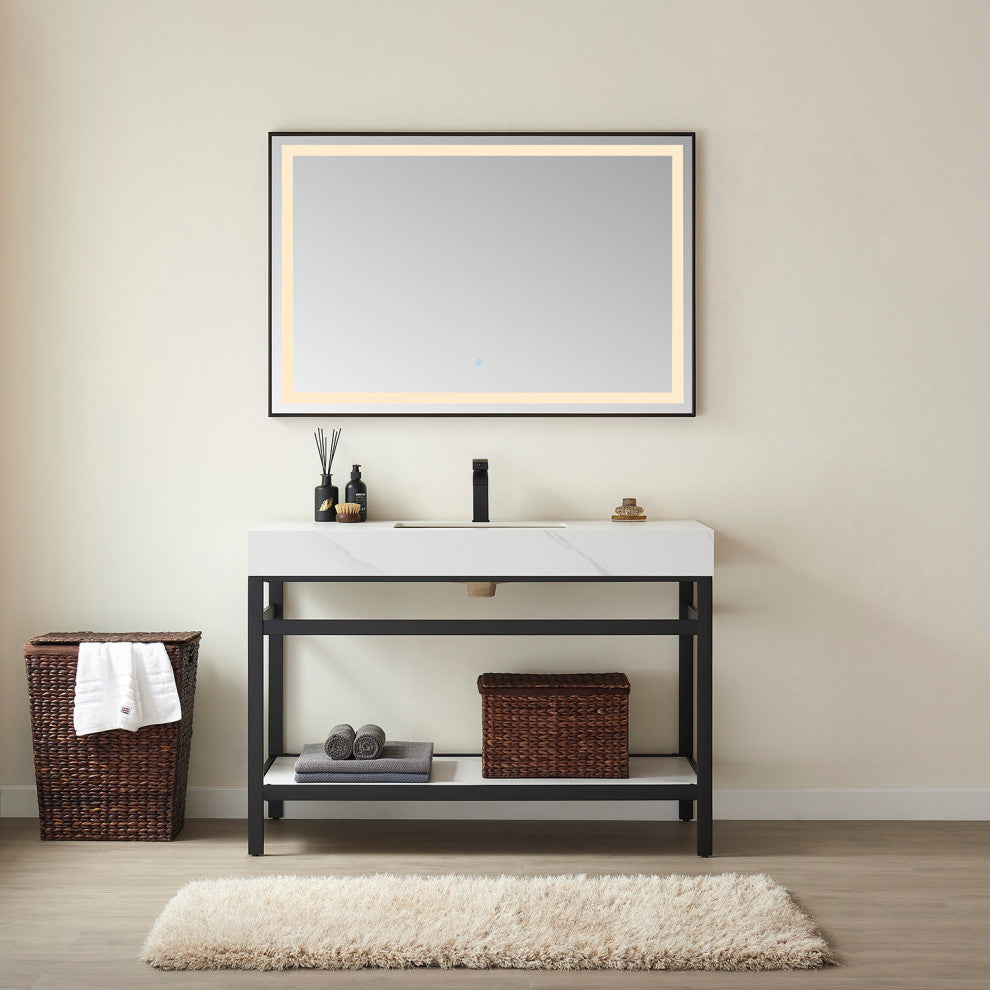 Funes Bath Vanity without Mirror, Matte Black Hardware, 48'', White Stone Top
