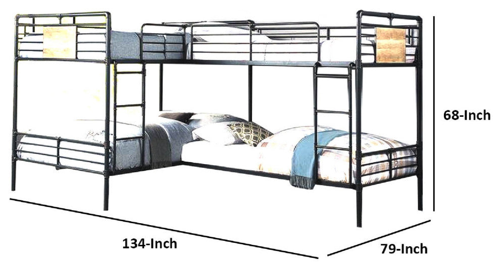 Benzara BM266441 Twin over Full Bunk Bed With Guard Rails, Black and Dark Bronze
