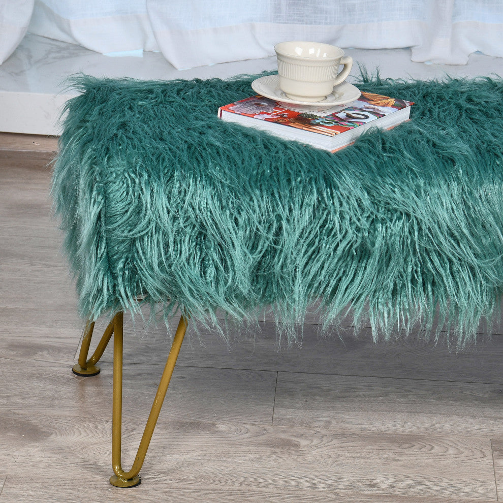 Mongolian Faux Fur Upholstered Ottoman Bench, Oil Blue, 46x16x22