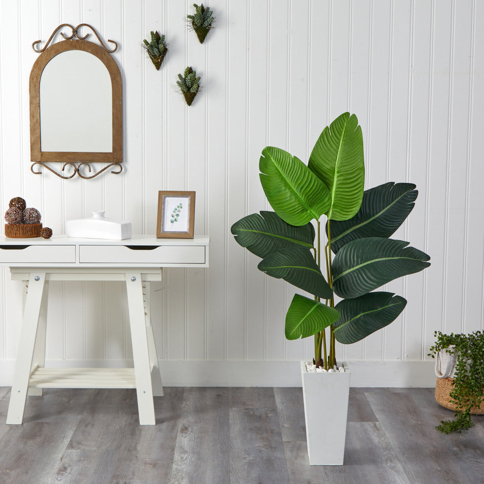 4.5' Travelers Palm Artificial Tree, White Planter