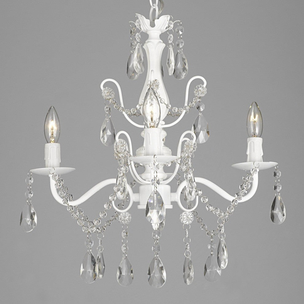 Wrought Iron and Crystal 4-Light White Chandelier 14"x15" Pendant