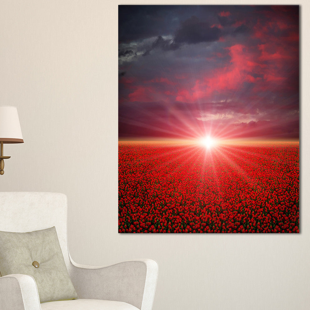 "Red Poppies Field At Sunset" Modern Landscape Wall Art Canvas, 30"x40"