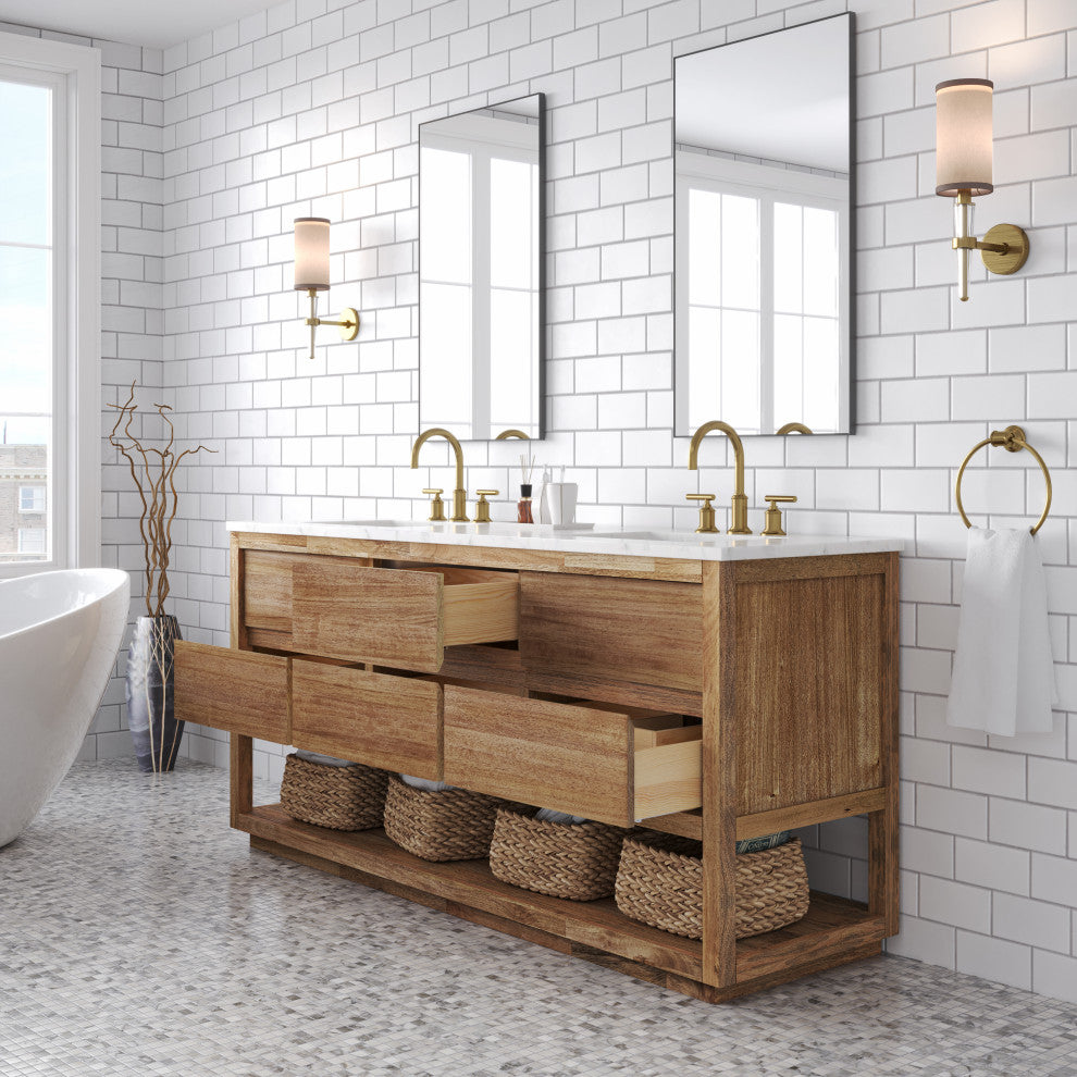 Oakman Marble Top Vanity in Mango Wood with Faucet, 72, Vanity With Satin Gold Faucet