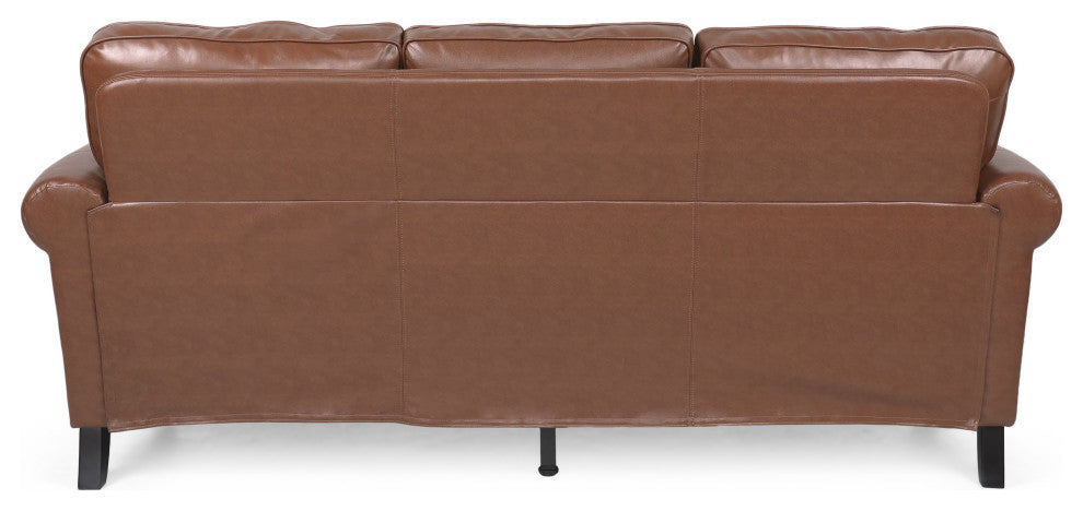 Burkehaven Contemporary Faux Leather 3 Seater Sofa With Nailhead Trim, Cognac Brown/Dark Brown