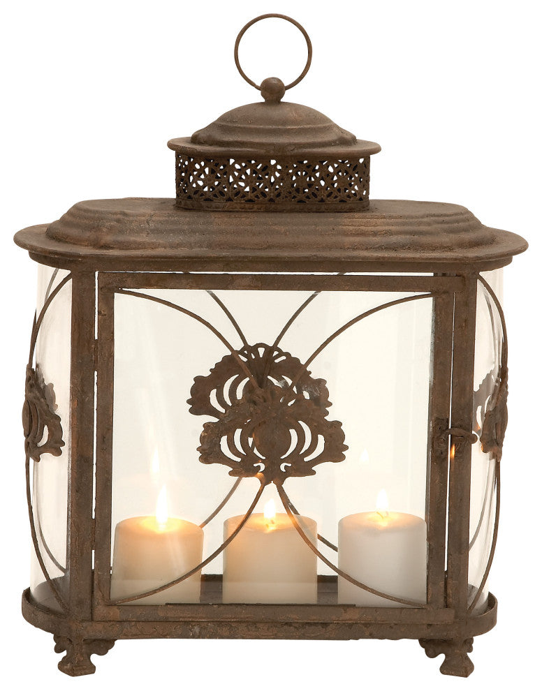 Brown Iron Rustic Candle Holder Lantern, 18" x 15" x 6" 52923