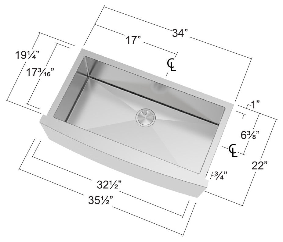 Transolid Diamond 36"x22" Single Bowl Farmhouse Kitchen Sink, Stainless
