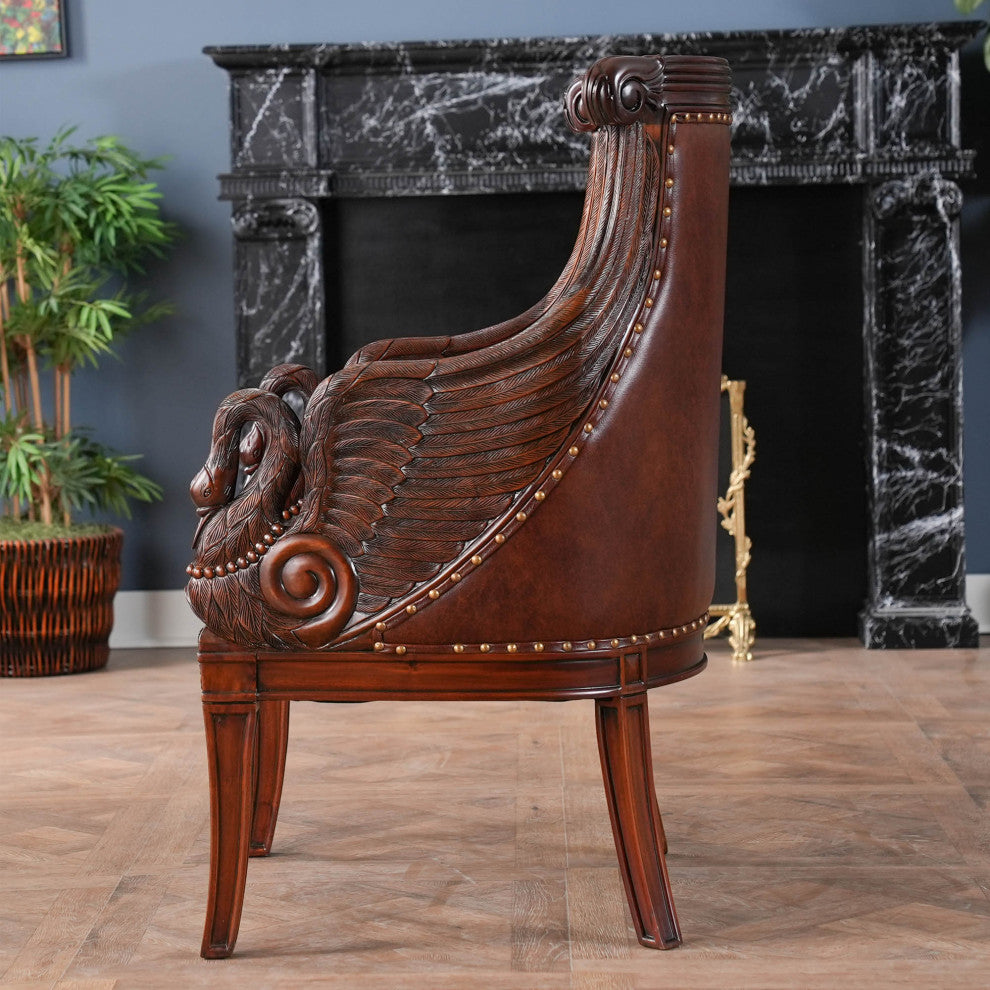 Mahogany Swan Arm Chair With Leather