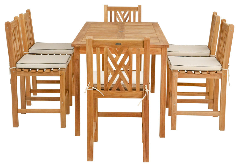 7 Piece Teak Chippendale 71" Rect Counter Set, 6 Armless Counter Stools