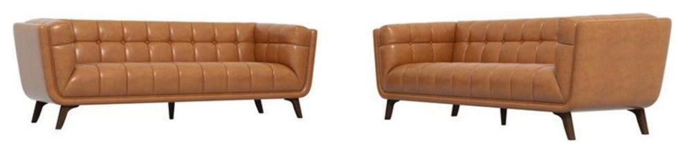 Kartmes Mid Century Modern Furniture Style Leather Sofa Set in Cognac Tan