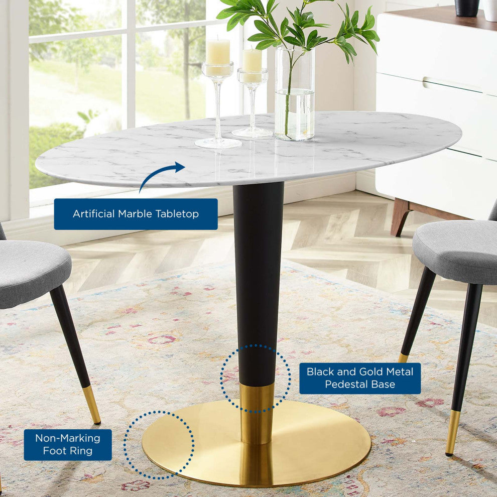 Dining Table, Oval, Artificial Marble, Metal, Gold White, Cafe Bistro Restaurant