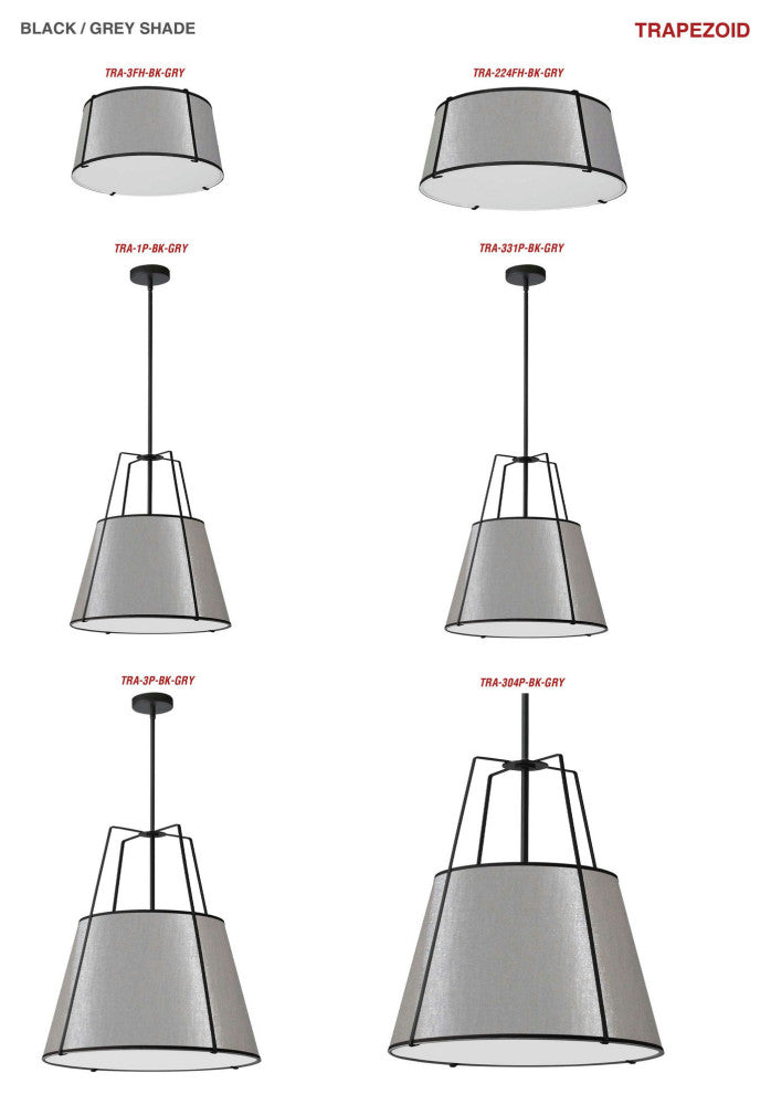 3 Light Trapezoid Flush Mount Black Grey Shade with 790 Diffuser
